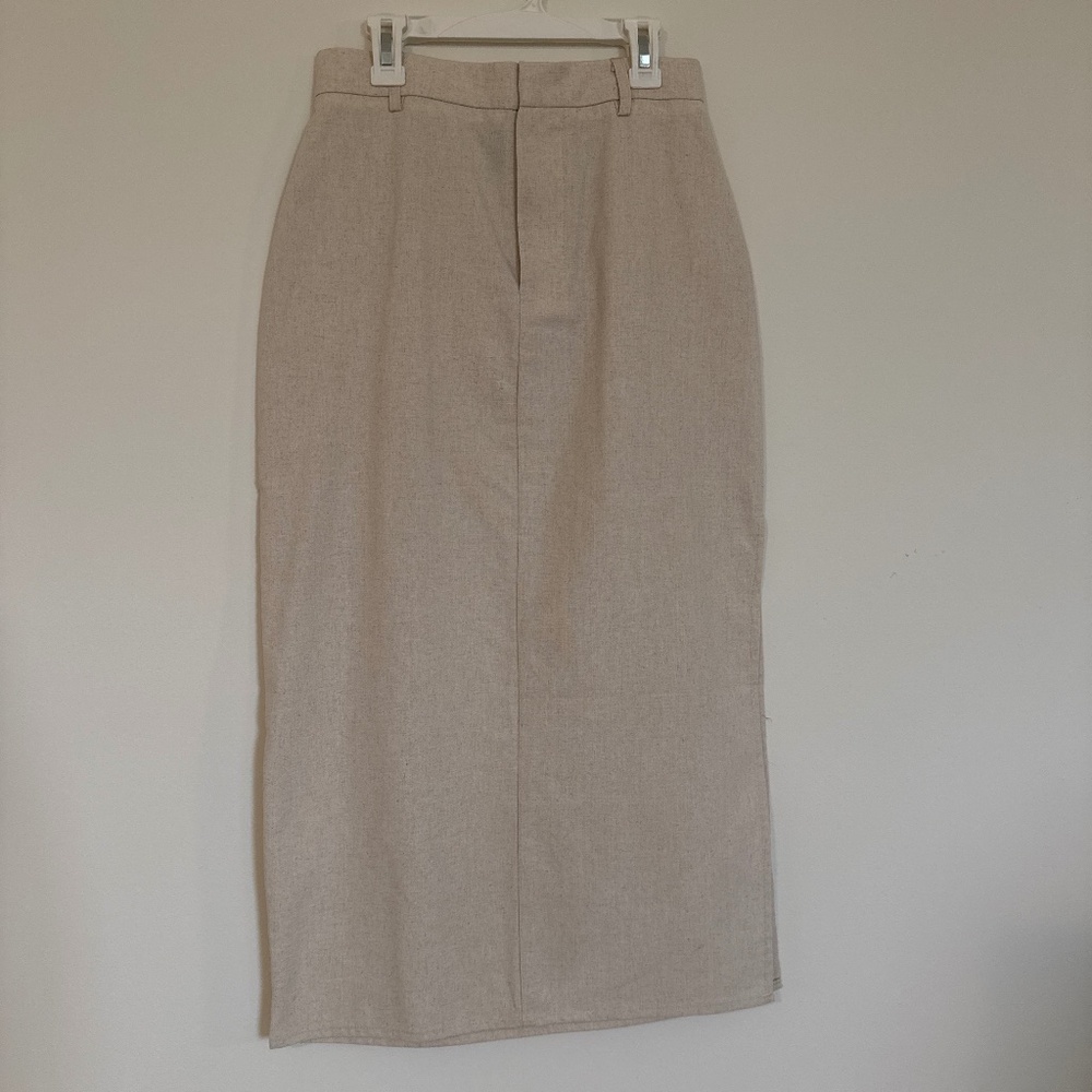 LINEN-BLEND MID RISE SOLID MIDI SKIRT XS